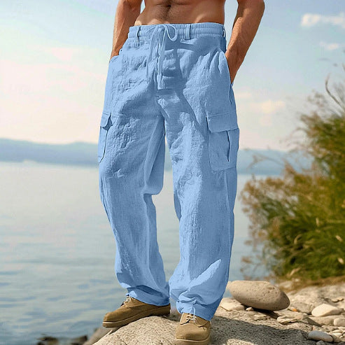 Men's Linen Cargo Pants Drawstring Multi-Pocket Straight Leg Breathable Outdoor Beach Classic Casual Long Pants