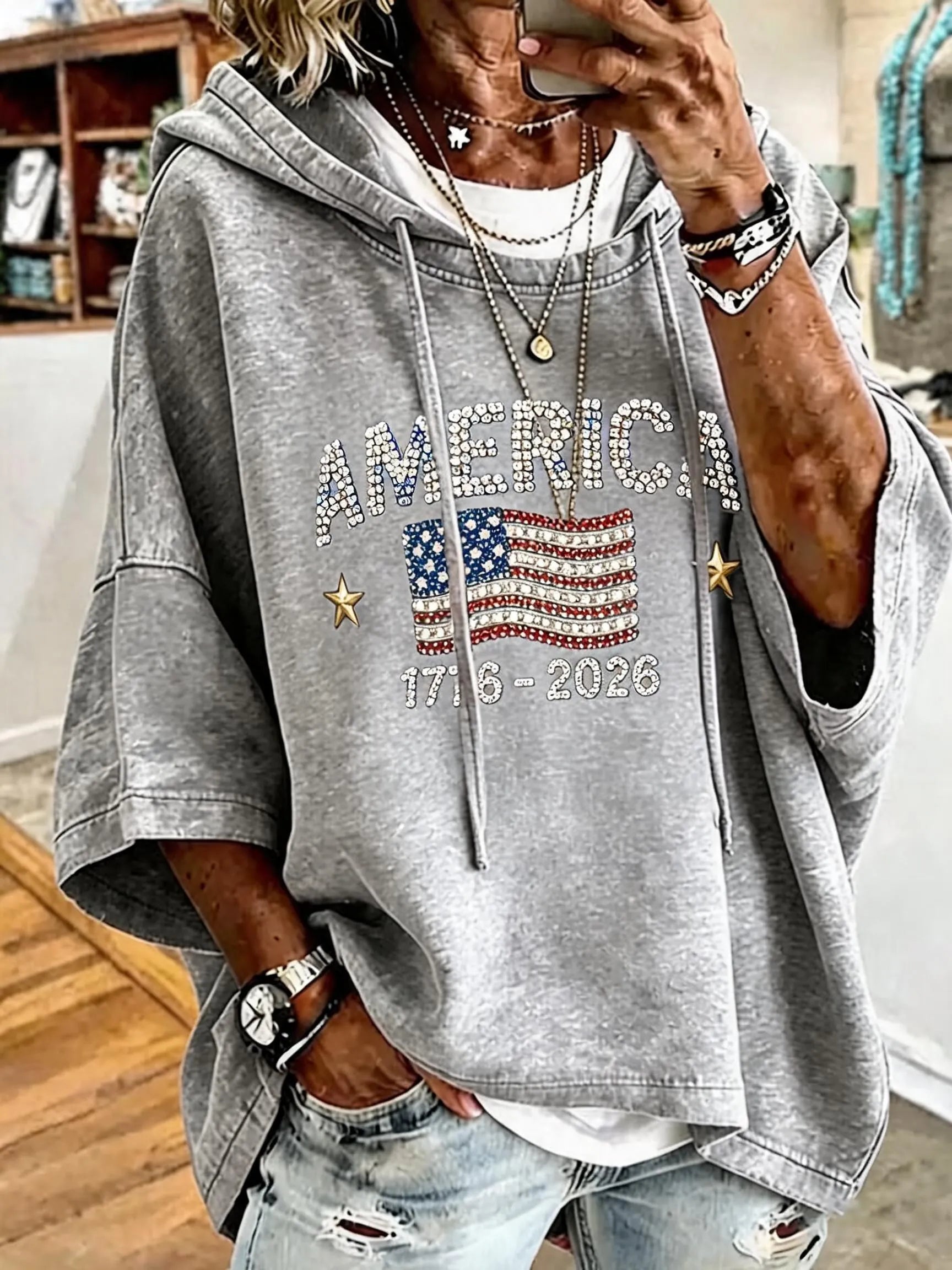 Women's Independence Day Print Casual Oversized Hoodie