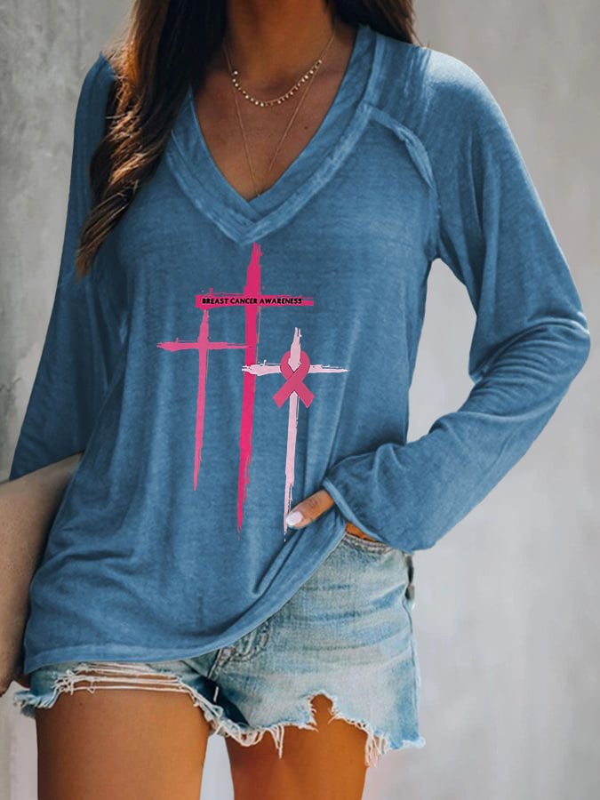 Women's Breast Cancer Awareness Print V-Neck Casual T-Shirt
