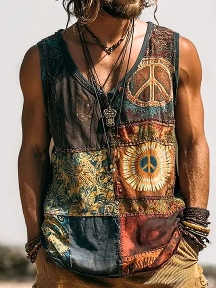 Men's Hippie Peace Sign Patchwork Print Tank Top