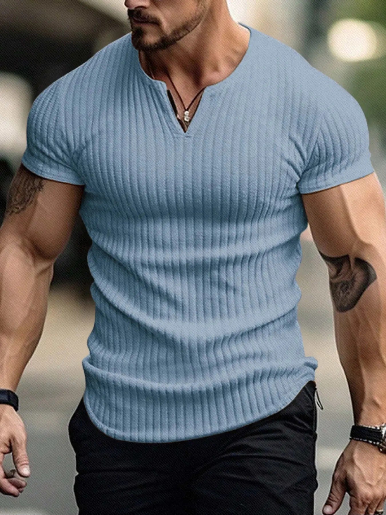 Men's Spring Summer Outfits Vertical Striped Textured V-Neck Short Sleeve T-Shirt for Daliy Wear, Gym Wear Solid Color Old Money Style