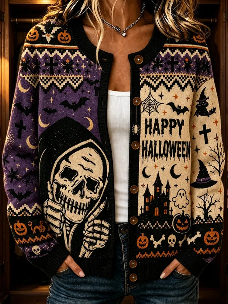 Women's Gothic Halloween Skull-print Casual Cardigan