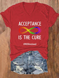 V-neck Acceptance Is The Cure Wear Red Instead Autism Print T-Shirt