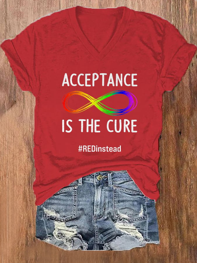 V-neck Acceptance Is The Cure Wear Red Instead Autism Print T-Shirt