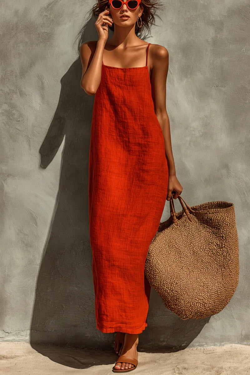 Women's Red Cotton Dress With Spaghetti Straps & Square Neck, Timeless Boho-Resort Style Dress