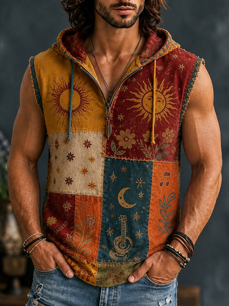 Men's Hippie Floral Sun Moon Patchwork Print Hooded Tank Top
