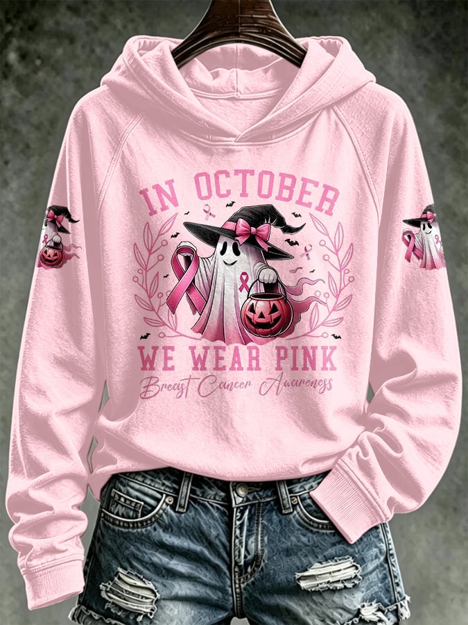 Retro Breast Cancer Awareness Ghost Pumpkin In October We Wear Pink Print Hoodie