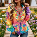 Women's Vintage Hippie Floral Embroidery Art Long Sleeve Zipper Hoodie