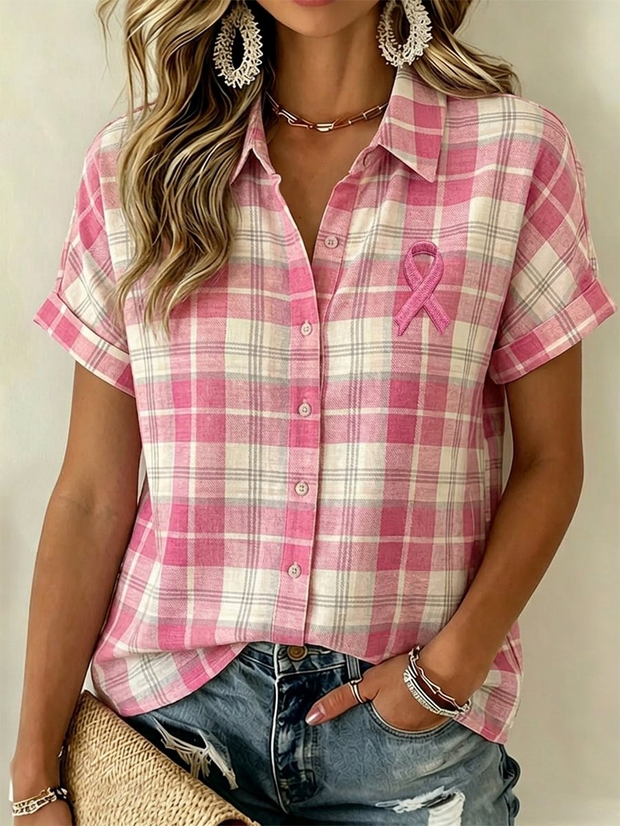 Women's Breast Cancer Awareness & Prevention Art Design Plaid Short-Sleeve Shirt