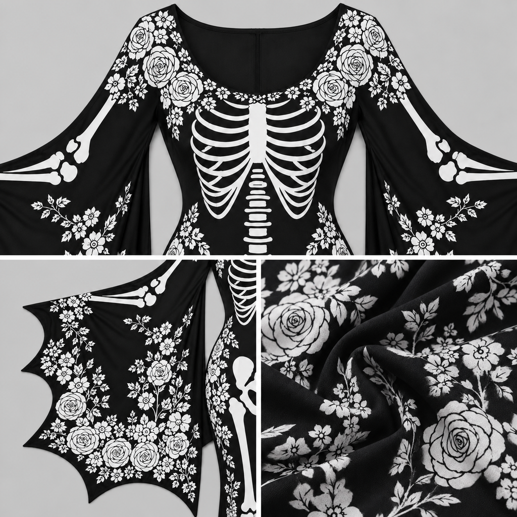 Women's Gothic Skeleton With White Roses Batwing Flare Sleeve Round Neck Bodycon Maxi Dress – Halloween Costume