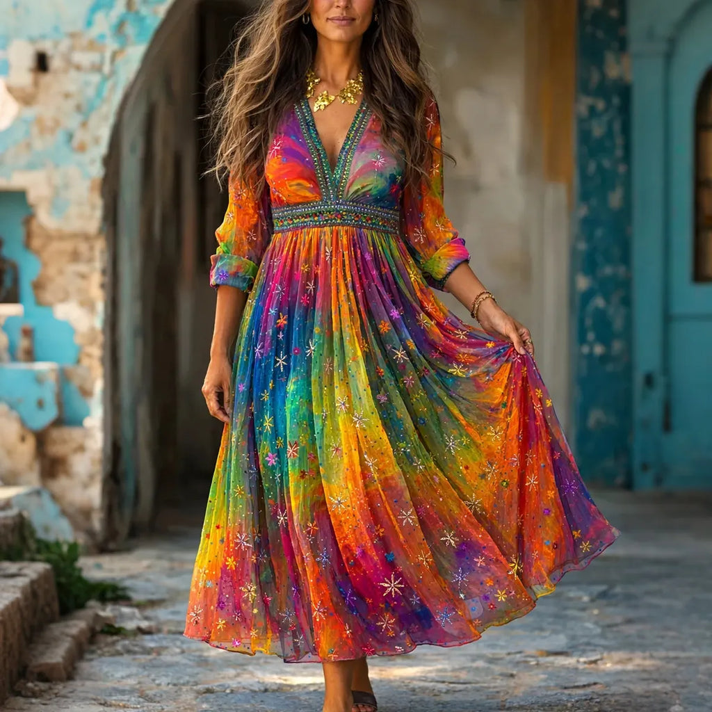 Women's Tie-dye Star Print V-neck Maxi Dress