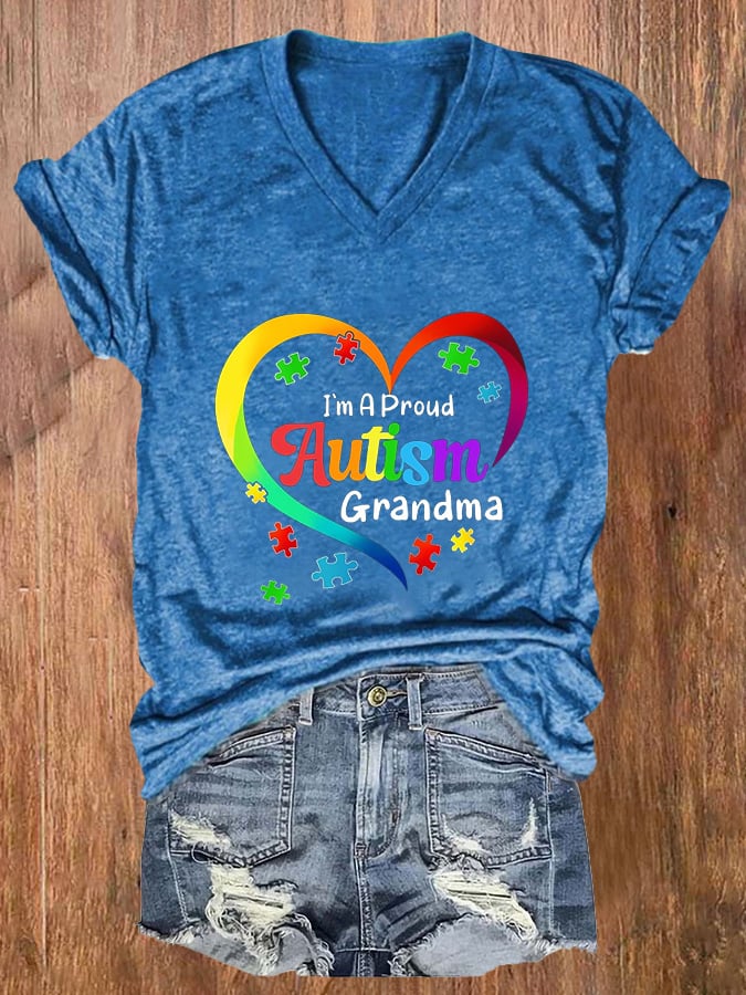 Women'S I'm A Proud Grandma Love Heart Autism Awareness Printed Casual T-Shirt