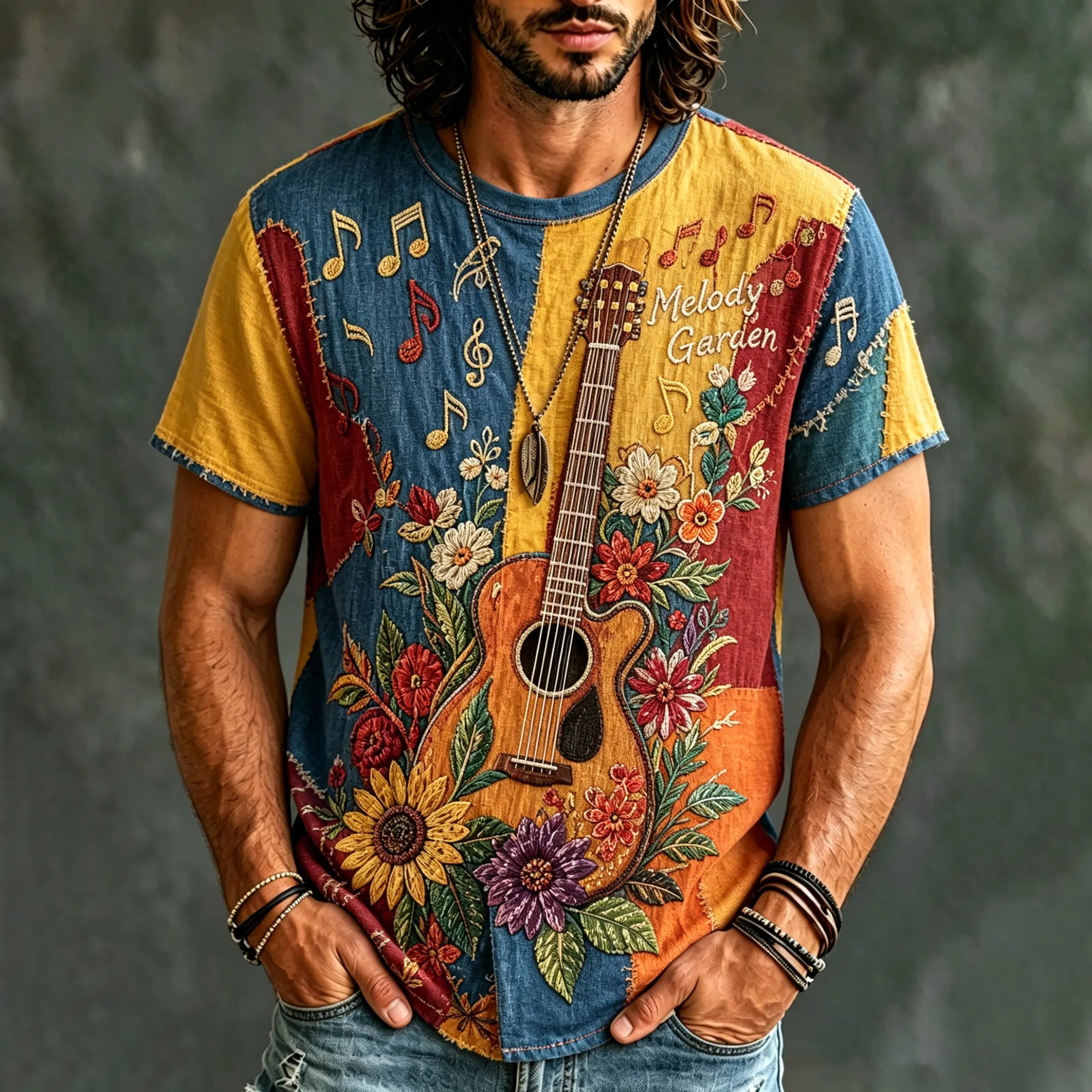 Men's Guitar Floral Patchwork Hippie T-shirt