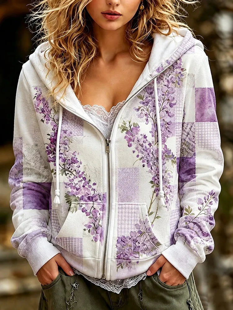 Women's Retro Bohemian Floral Patchwork Print Casual Zipper Hooded