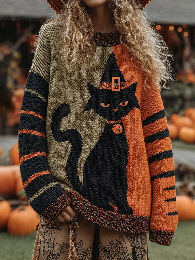 Women's Vintage Halloween Pumpkin Cat Print Knitted Comfort Round Neck Sweater