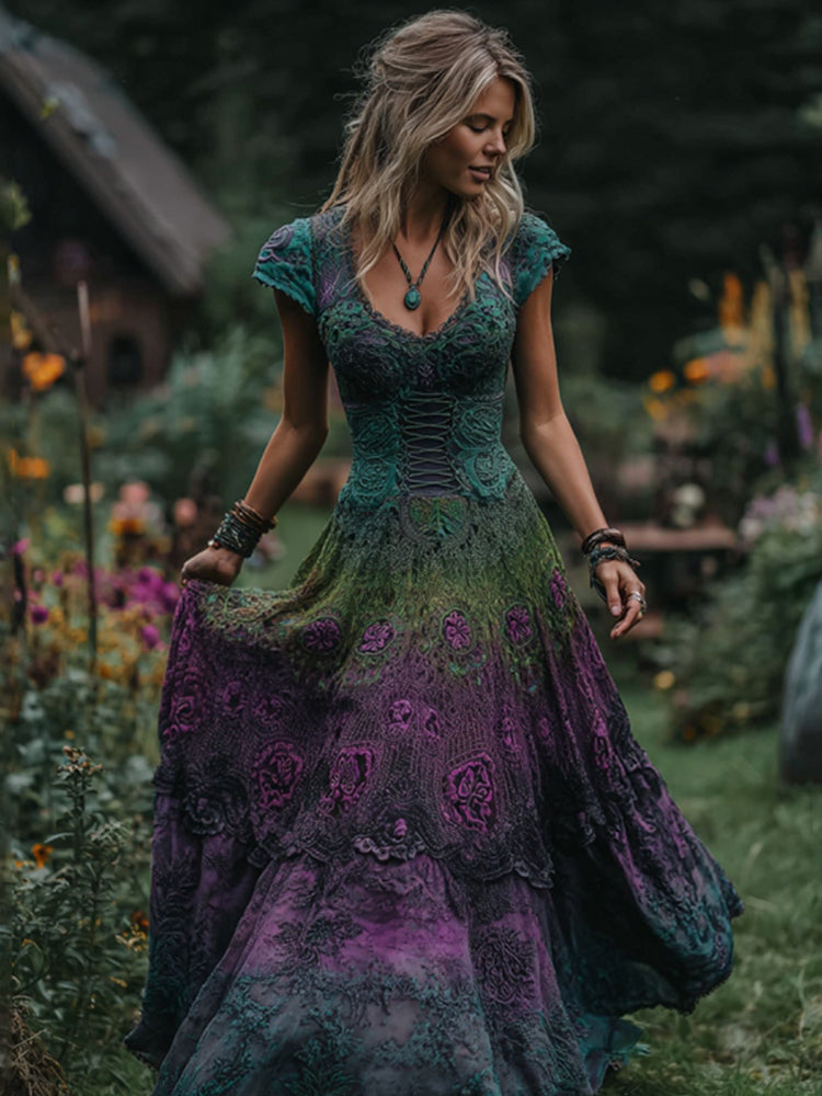 Women's Vintage Tribal Rose Gradient Art V Neck Maxi Dress