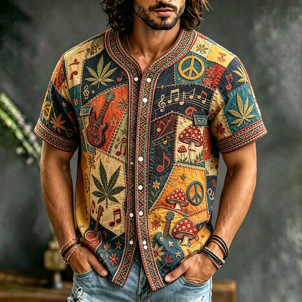 Men's Color-blocked Retro Ethnic Print Short-sleeved Cotton And Linen Shirt