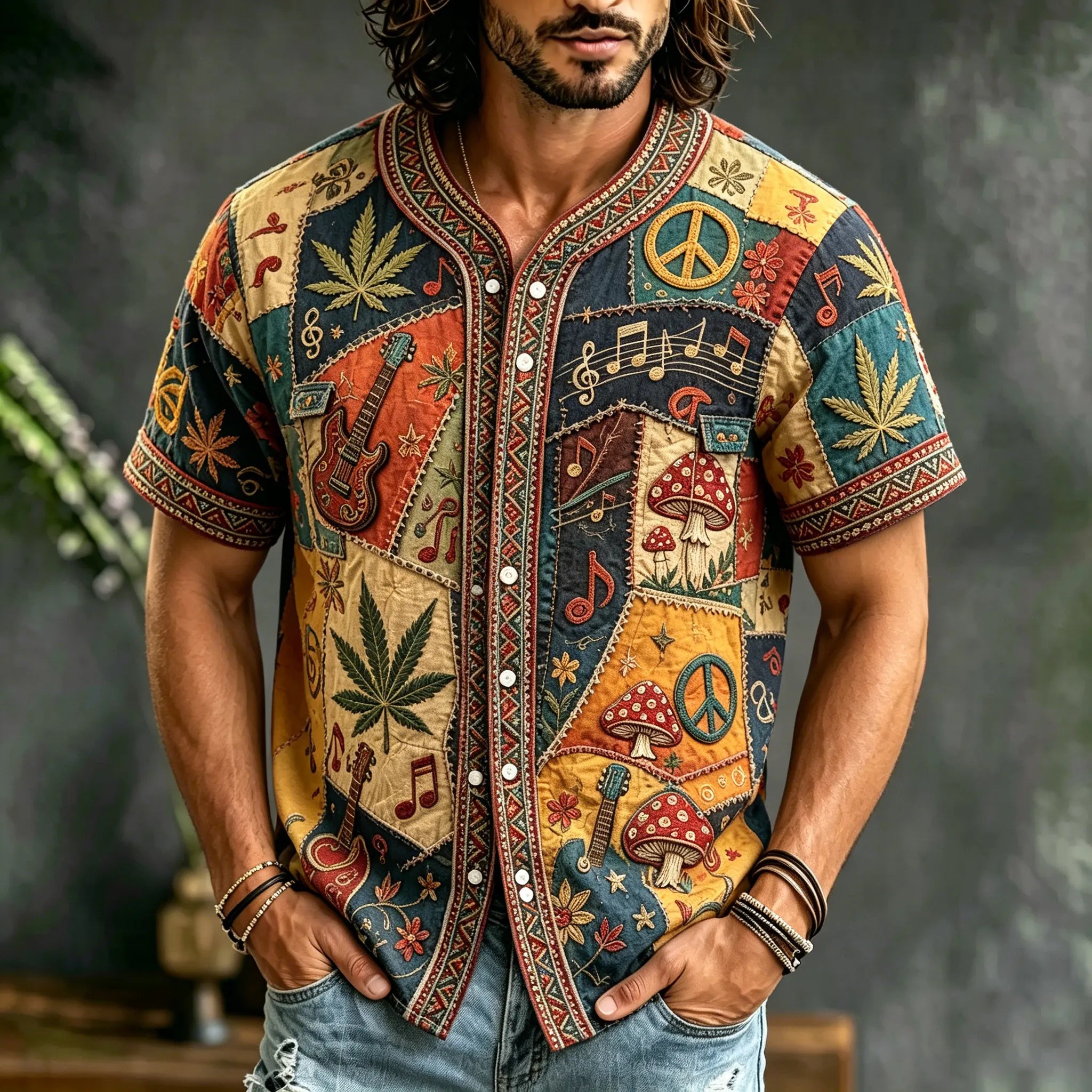 Men's Color-blocked Retro Ethnic Print Short-sleeved Cotton And Linen Shirt