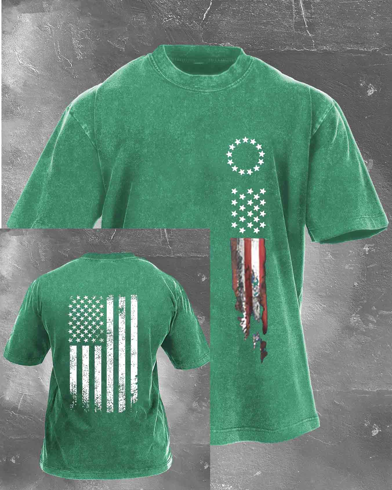 Amierica Flag Pattern Washed Distressed Crew Neck 100% Cototon T-Shirt