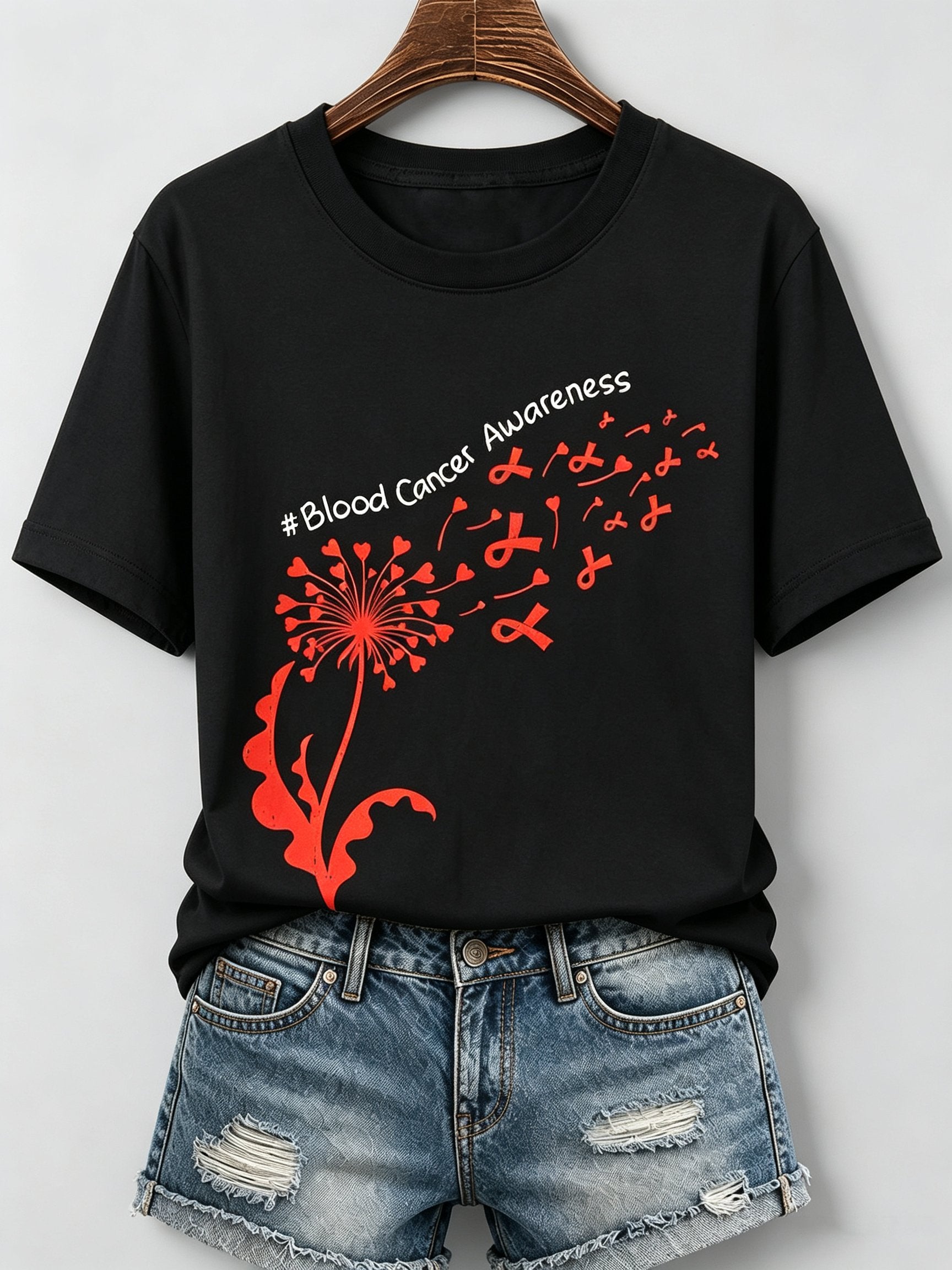 Women'S Blood Cancer Red Ribbon Health Awareness Round Neck T-Shirt