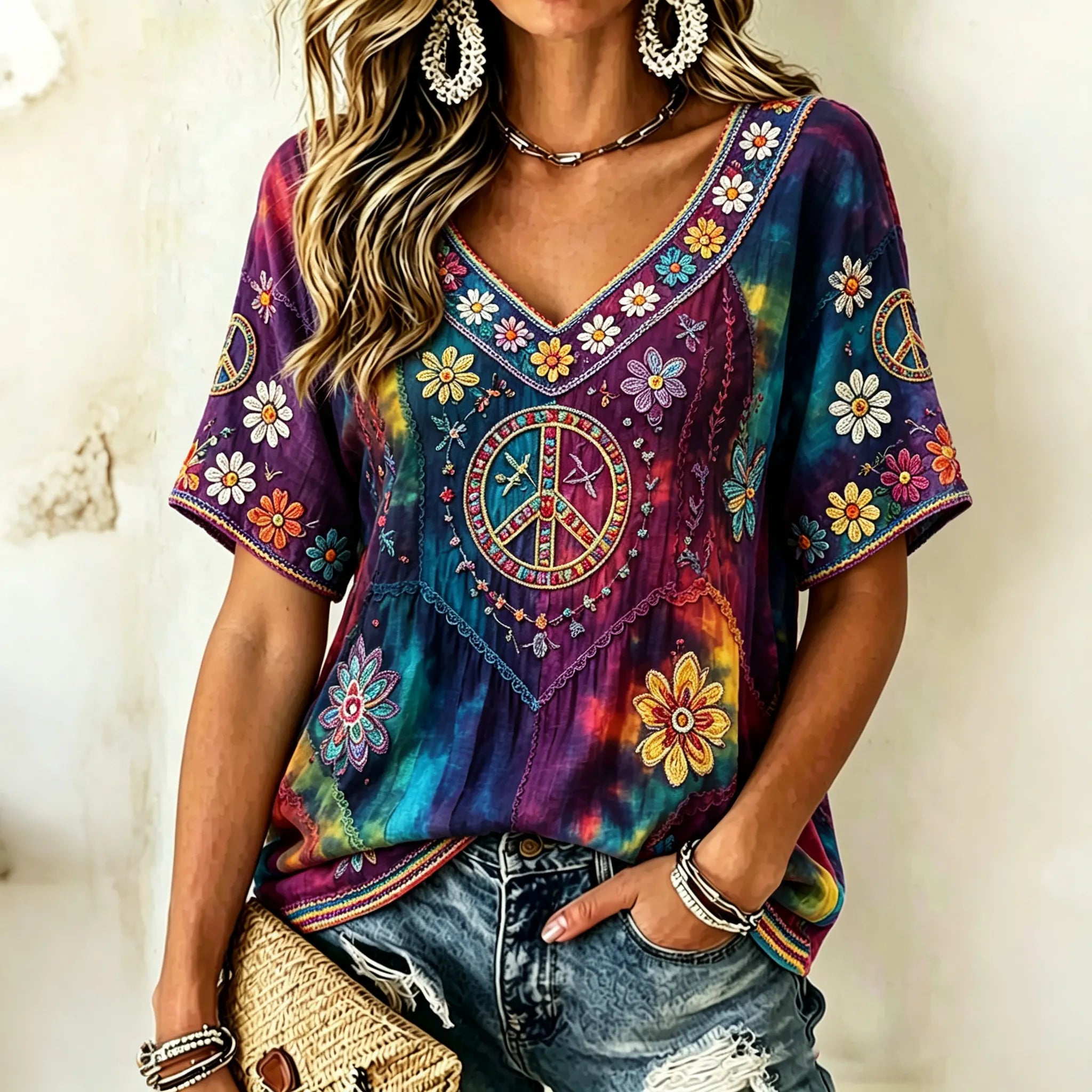 Women's Hippie Floral Peace Sign Contrast Patchwork Print Short Sleeves Linen T-shirt