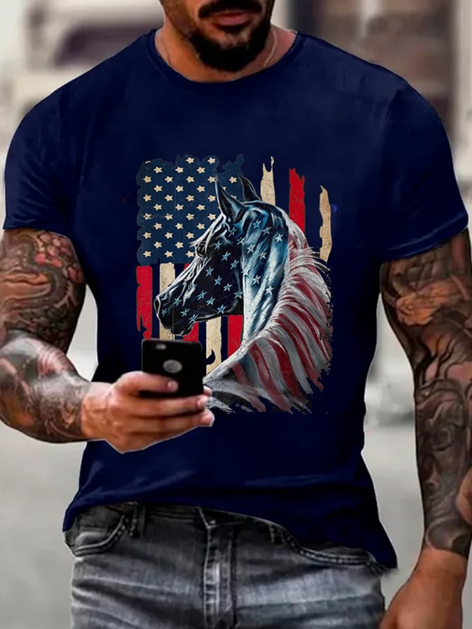 Men's July 4th Horse With USA Flag Print Short Sleeve T-Shirt