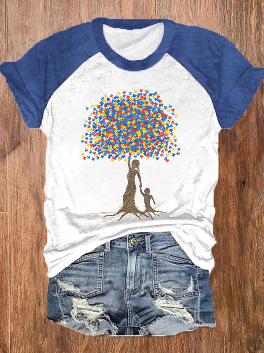 Women's Tree of Life Autism Awareness Print Raglan Sleeve T-Shirt