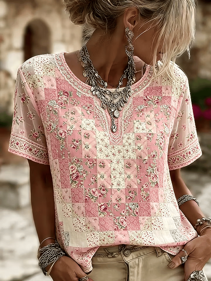 Women's Vintage Floral Breast Cancer Print Top
