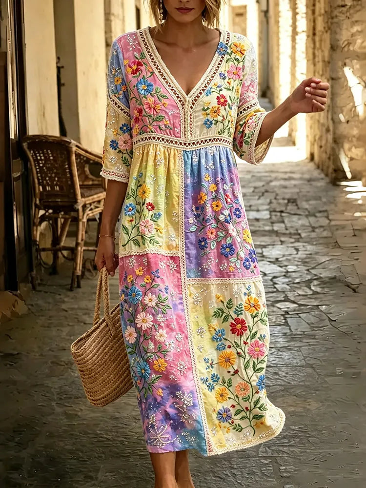 Women's Vintage Patchwork Floral Art Pattern Casual Midi Dress