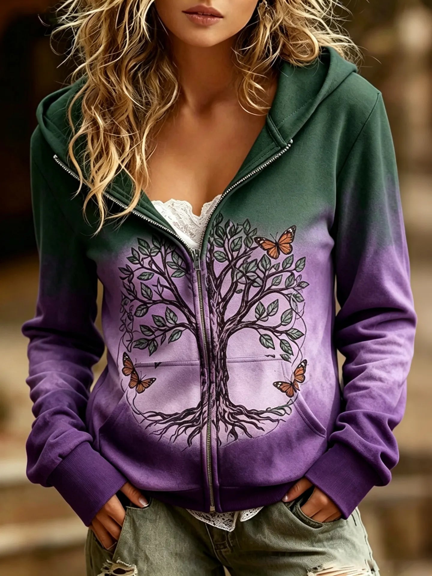 Women's Vintage Tree Of Life Monarch Butterfly Print Zip‐up Hoodie Boho Ombre Gradient Casual Hooded Jacket