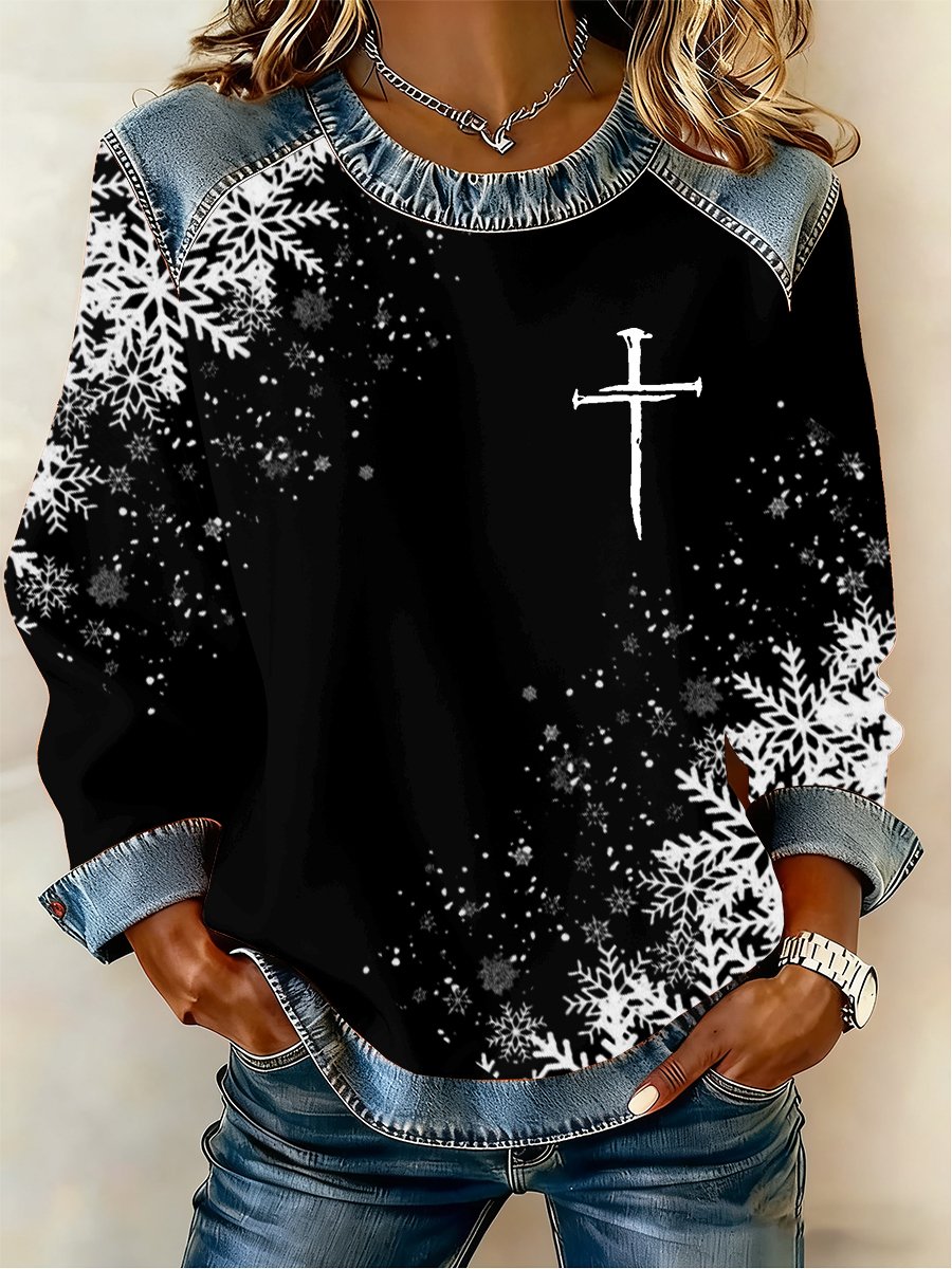 Women's Casual Retro Christmas Fleece-Lined Color-Blocked Sweatshirt