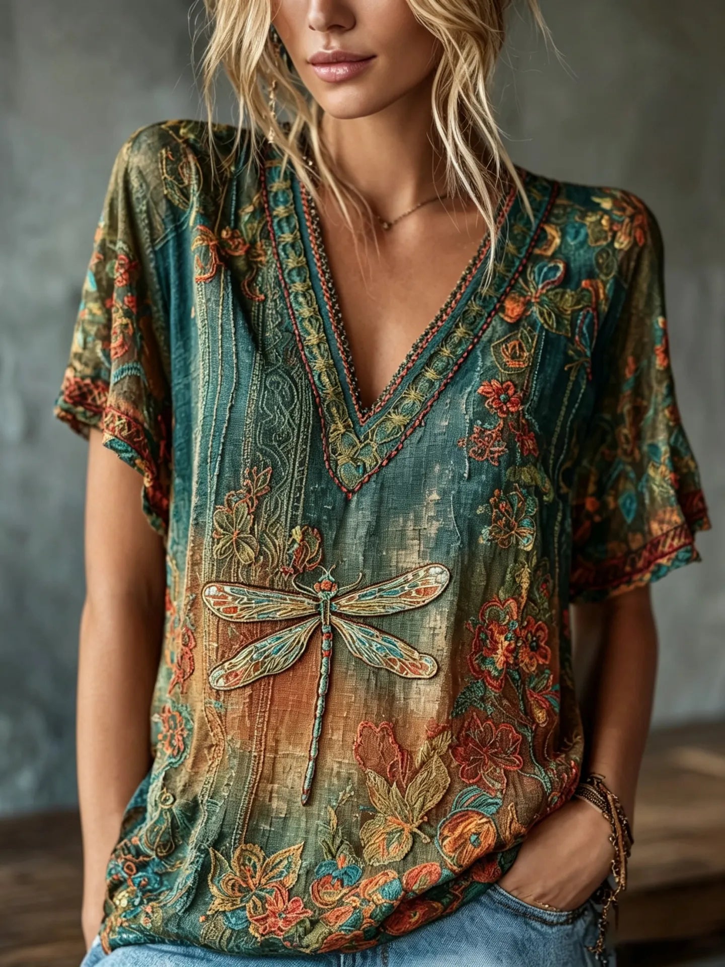 Women's Vintage Hippie Floral And Dragonfly Pattern Art Embroidered Linen Blend Short Sleeve Tops