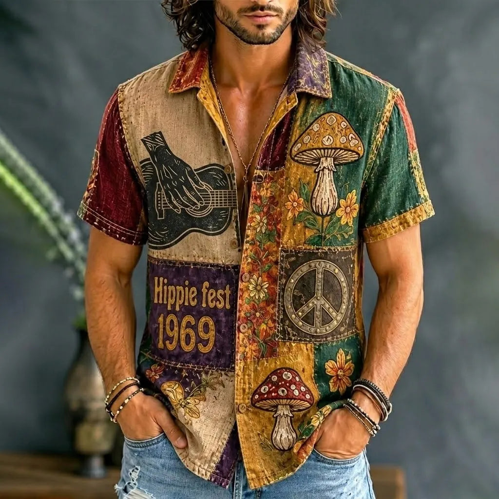 Men's Hippie Peace Love Music Patchwork Print Short Sleeve Shirt