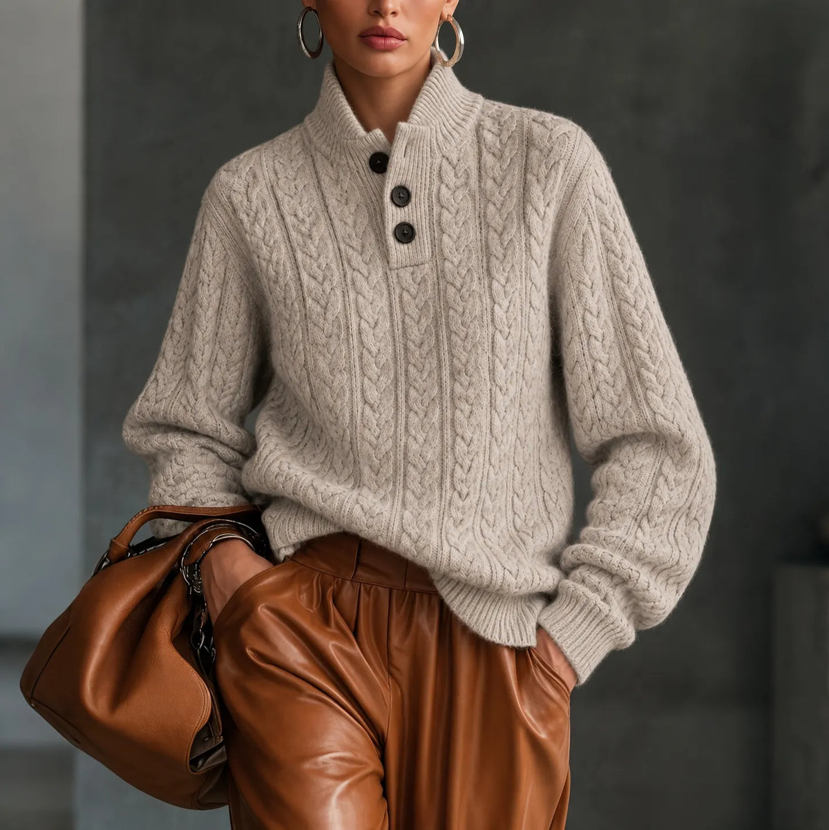 Women's Retro Simple Solid Color Cable Knit Blend Sweater