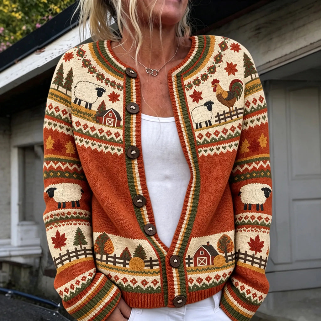 Women's Vintage Farm Animal Print Casual Knit Cardigan Sweater