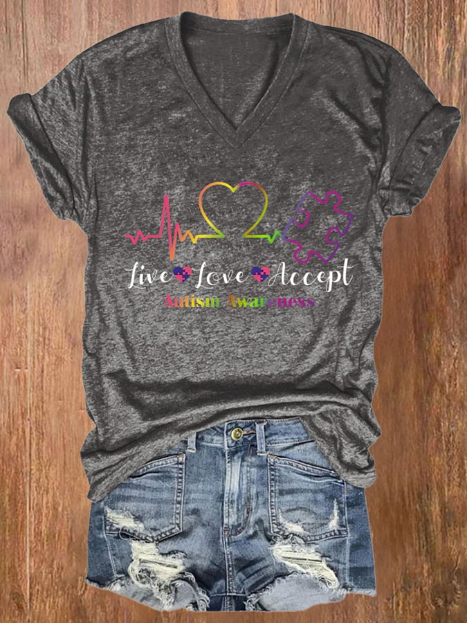 V-neck Retro Autism Awareness Live Love Accept Print T-Shirt