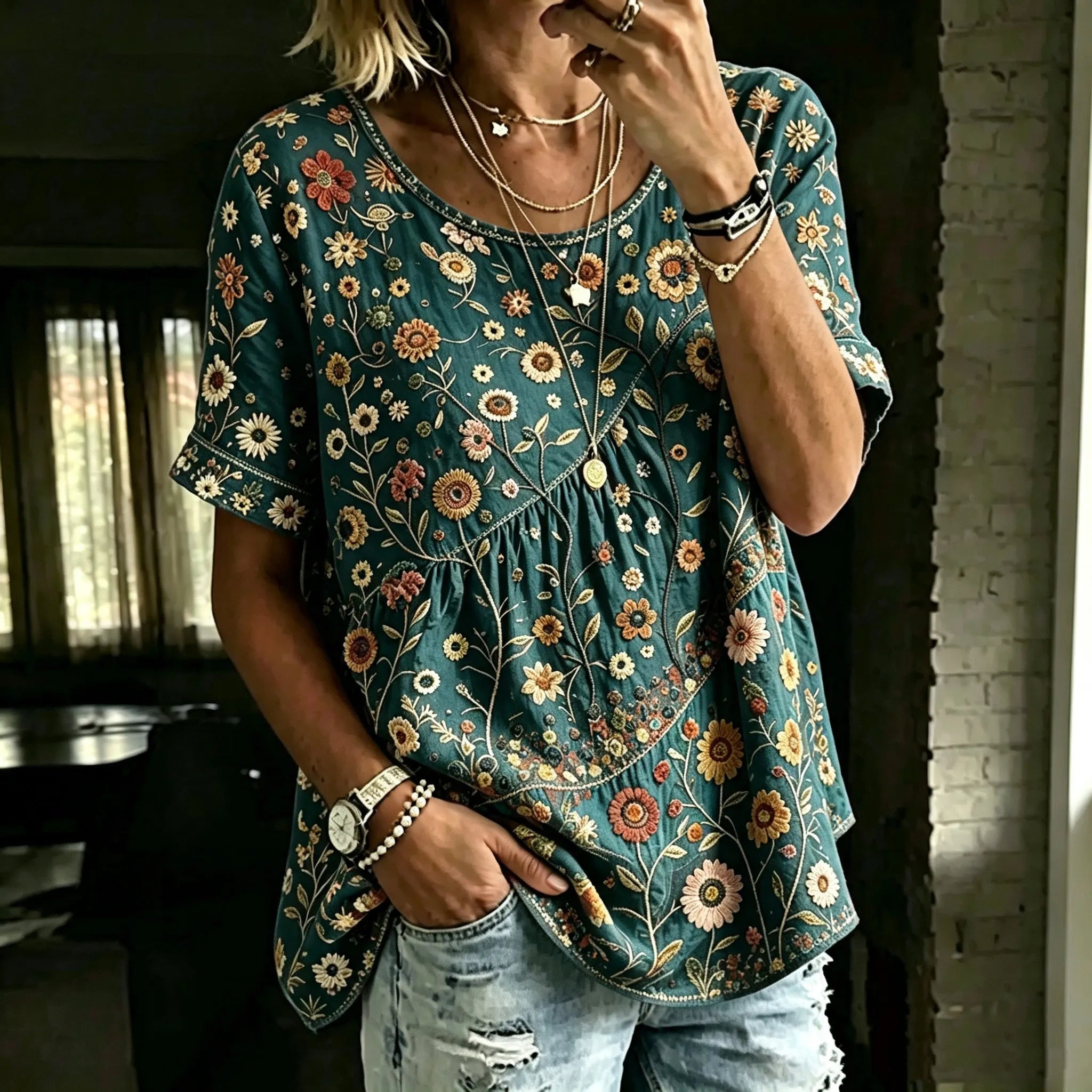 Women's Retro Bohemian Hippie Style Floral Embroidered Print Top