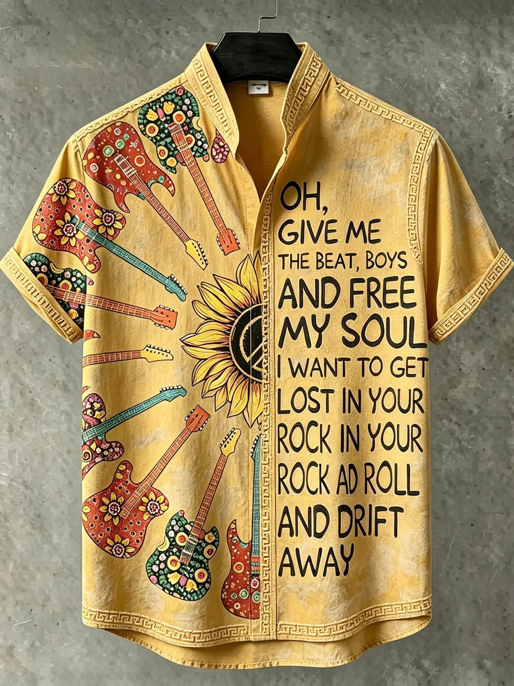 Men's Retro Bohemian Hippie Style Sunflower And Guitar Print Short-sleeve Shirt
