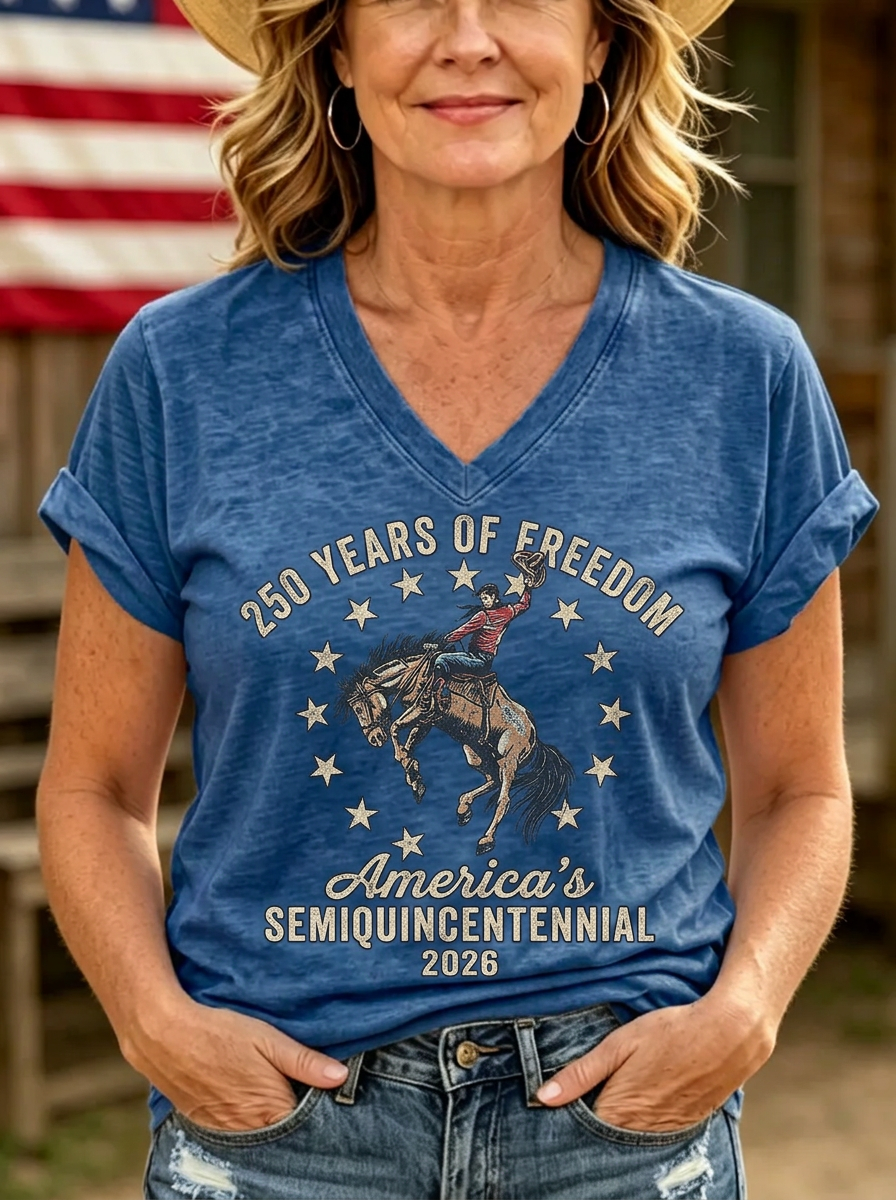 Women's Western Independence Day Cowboy Horse Stars Printed T-shirt