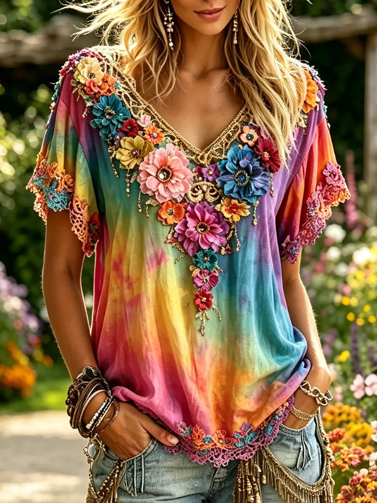 Women's Retro Floral V-neck Short-sleeved Cotton Linen Top