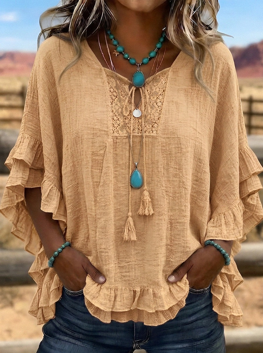 Women's Western Vintage Ruffle Lace-Trimmed Printed Top