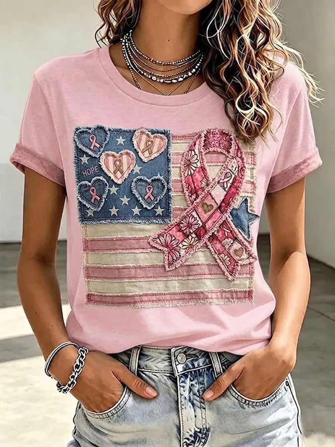Women's American Flag Pink Ribbon Print Casual T-shirt