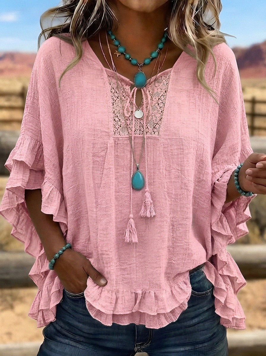 Women's Western Vintage Boho Lace Trim Ruffle Sleeve Printed Top