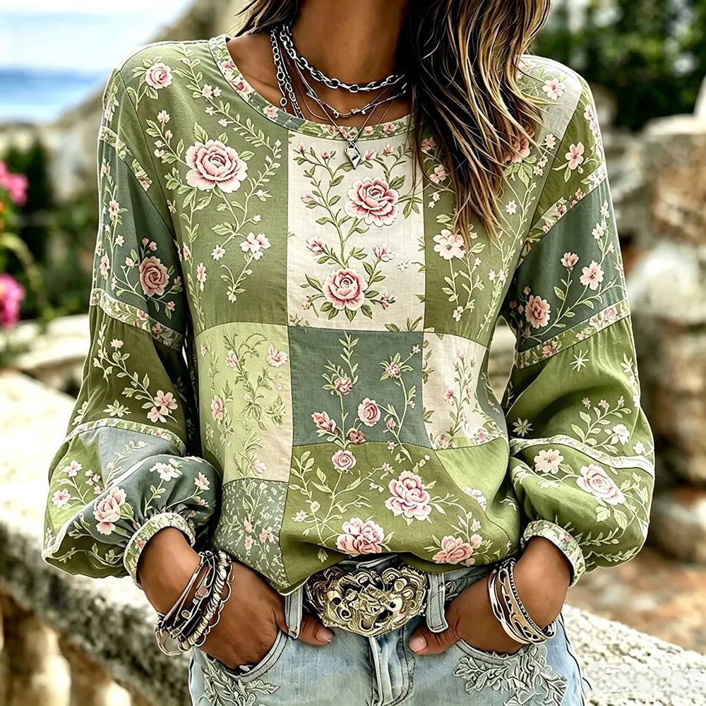 Women's Vintage Pink Floral Art Patchwork Linen Cotton Blend Crew Neck Long Sleeve Top