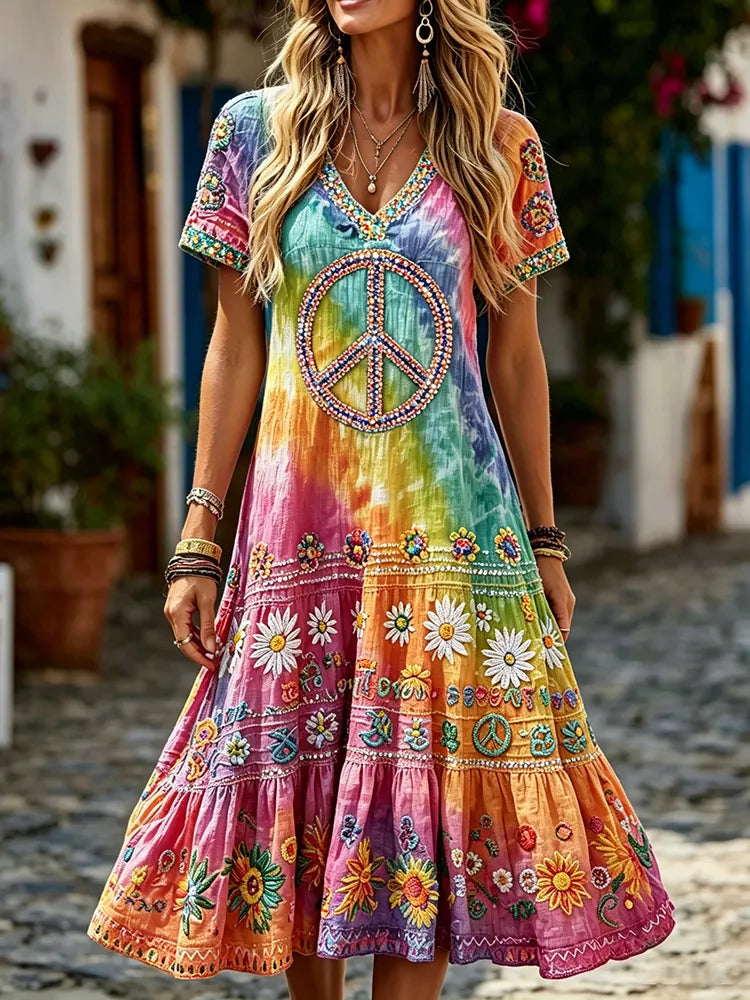 Women's Retro Tie Dye Hippie Floral Art V Neck Short Sleeve Linen Blend Midi Dress