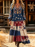 Women's American Flag & Floral Print Linen Maxi Dress
