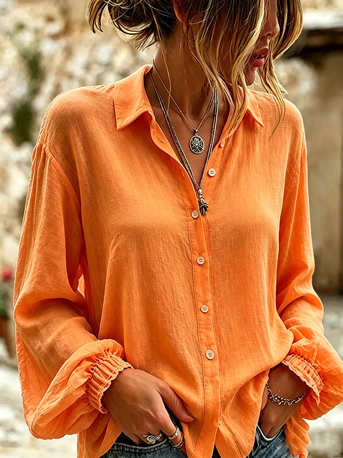 Women'S Casual Cotton And Linen Bubble Sleeve Shirt