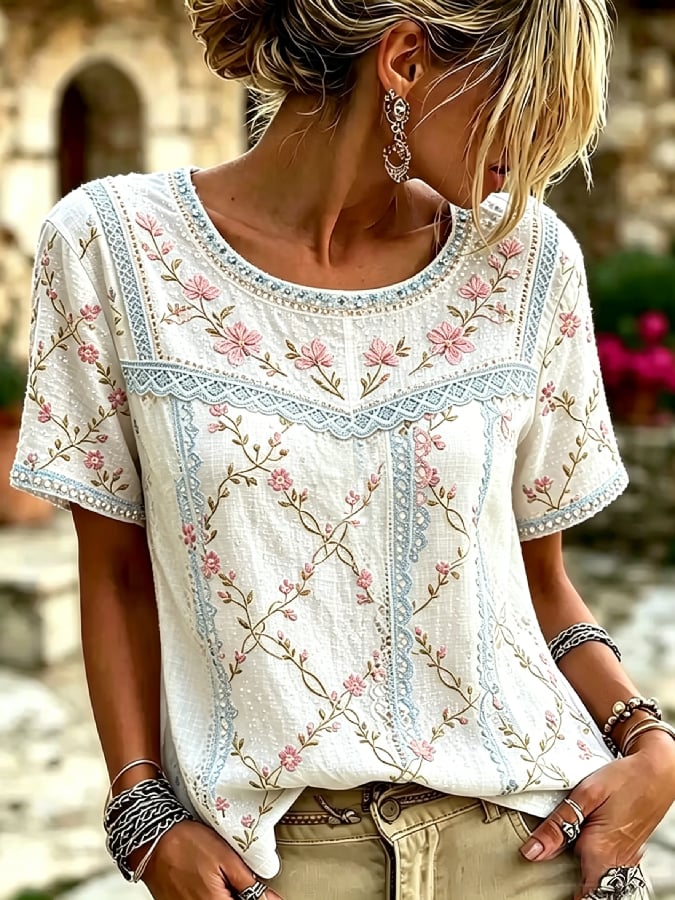 Women's Vintage Floral Breast Cancer Print Top