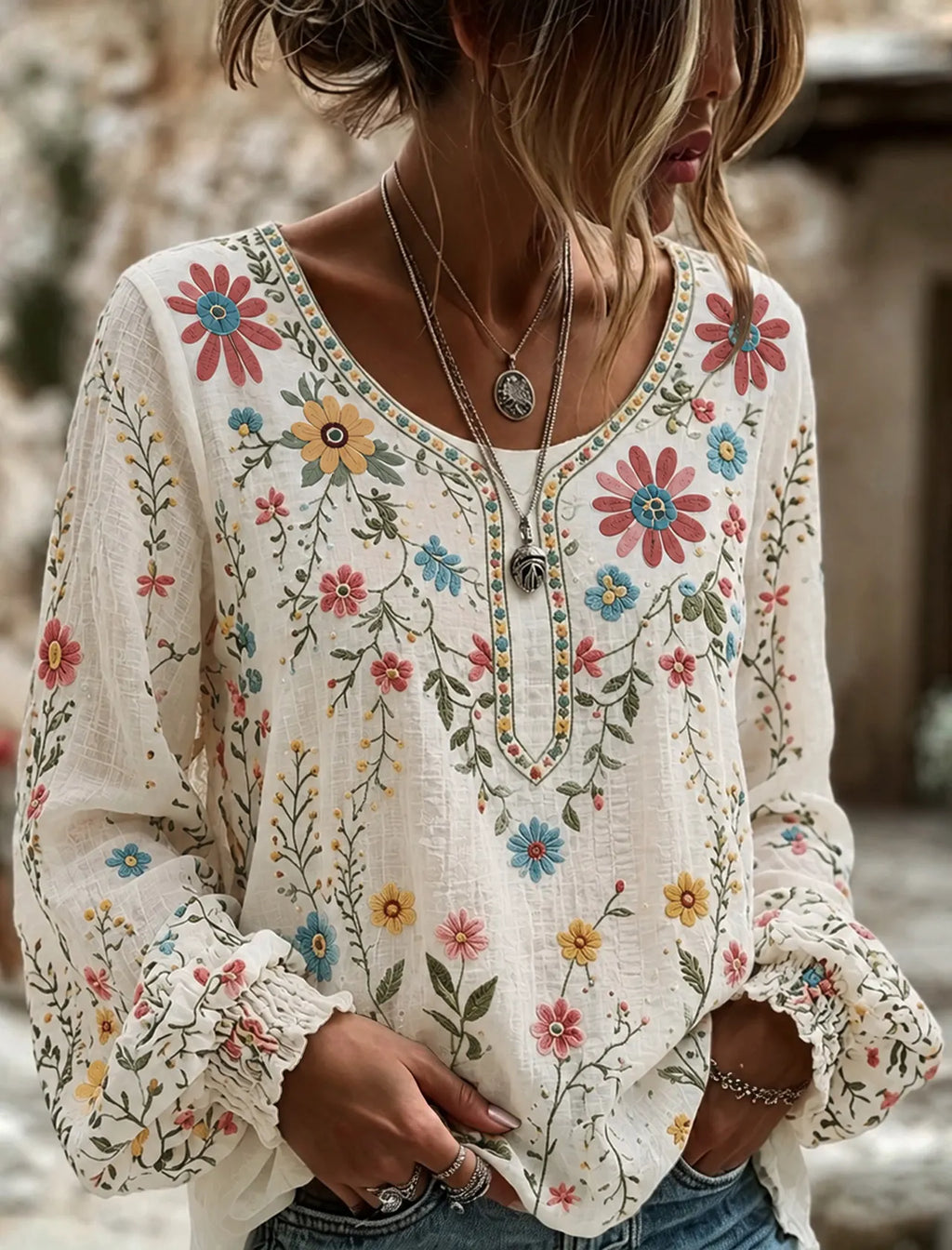 Women's Vintage Floral Art Print Flowy Linen Blend Linen Blend Long Sleeve Casual Tops
