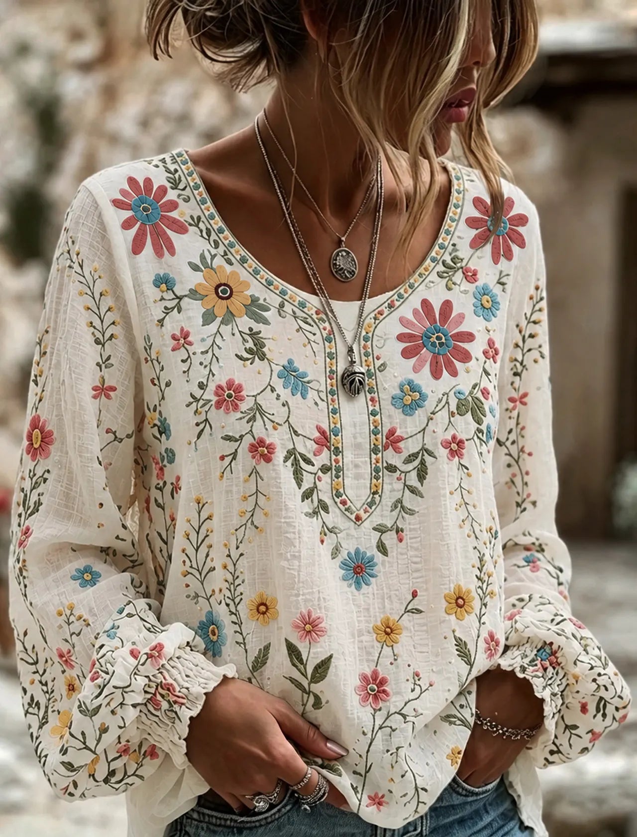 Women's Vintage Floral Art Print Flowy Linen Blend Linen Blend Long Sleeve Casual Tops